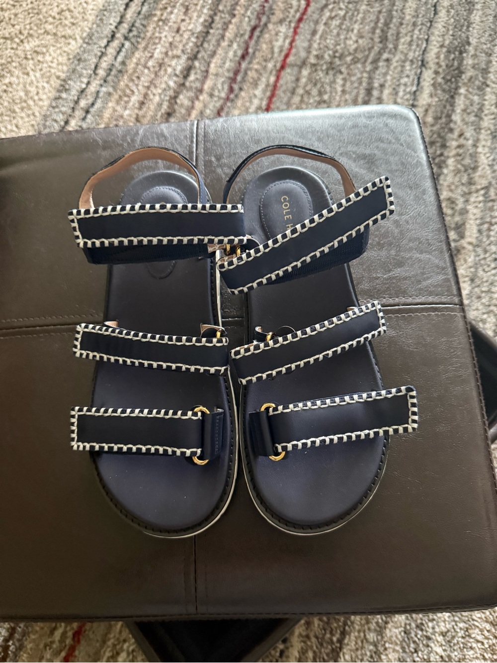 Cole Haan Navy Triple-Strap Sandals with Contrast Stitching